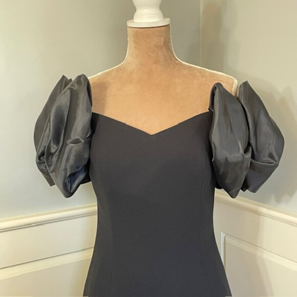 Vintage 80's AJ Bari Puff Shoulder LBD Cocktail Crepe Black Dress XS - Picture 2 of 8